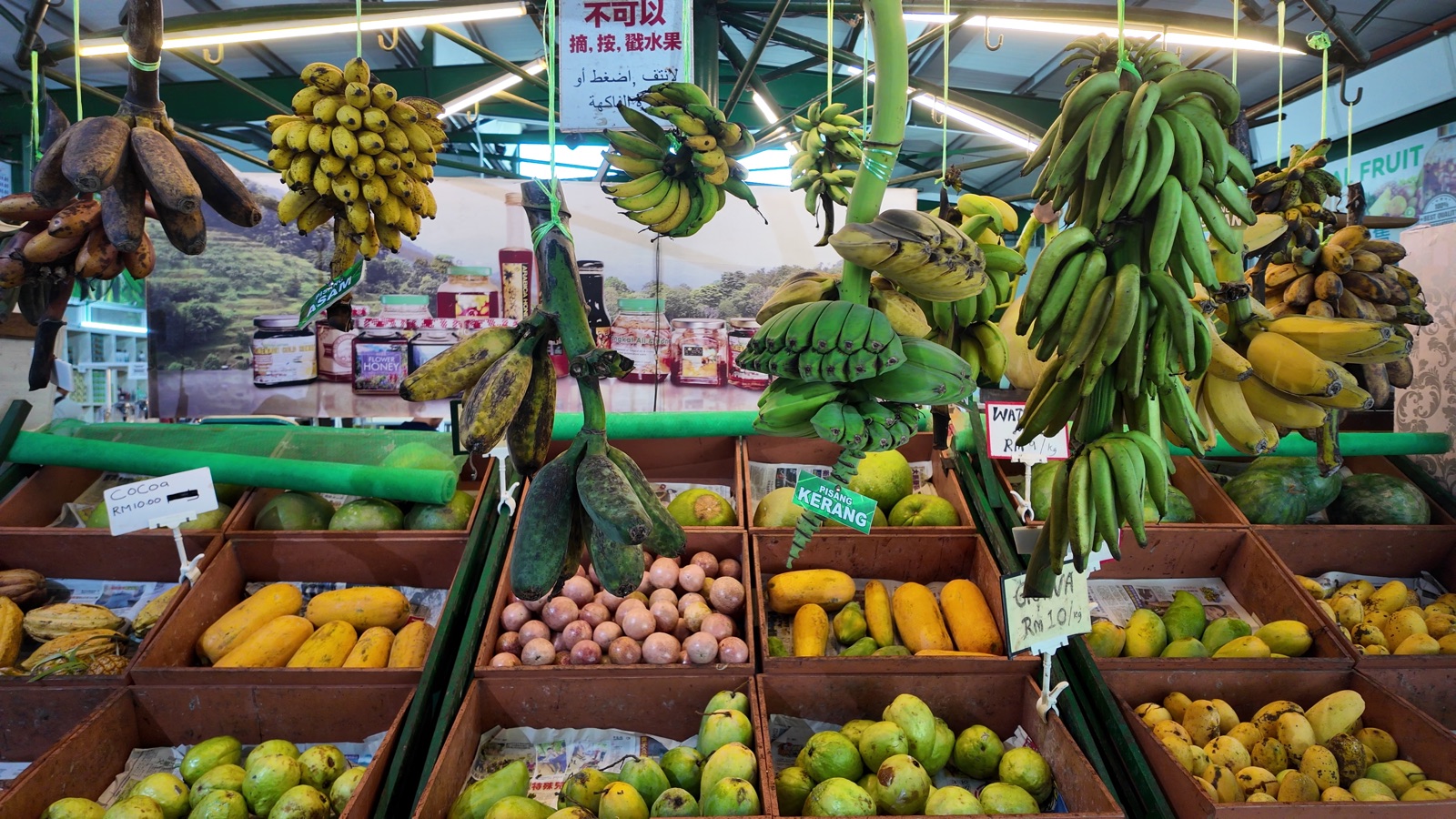 Stoisko z tropikalnymi owocami: bananami i ananasami